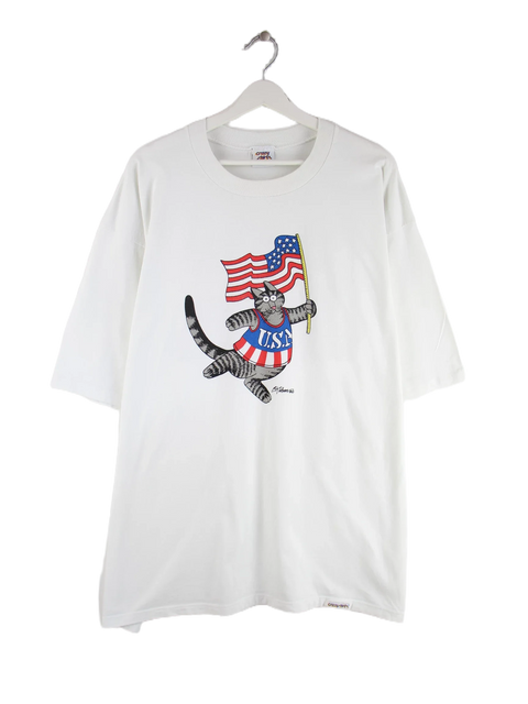 Vintage 90s USA Flag Cat Print T-Shirt Weiß 3XL