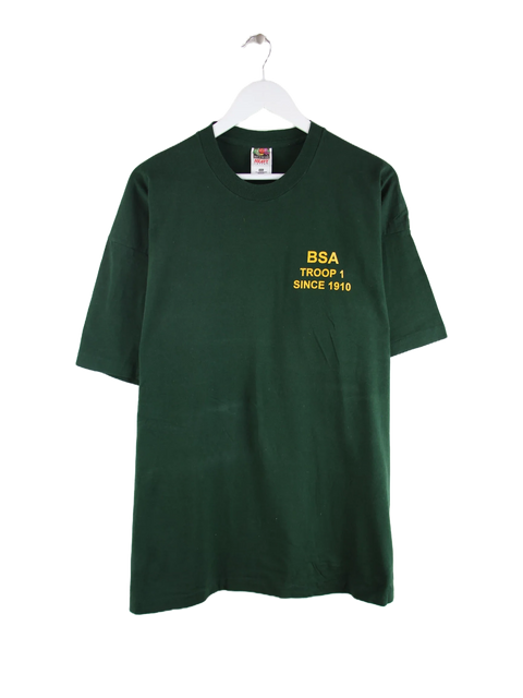Fruit of the Loom 90s Vintage BSA Troop 1 Print Single Stitch T-Shirt Grün 3XL