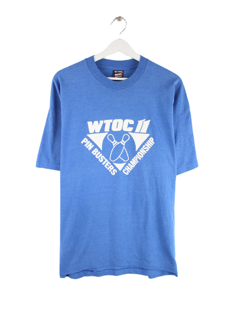 Fruit of the Loom 90s Vintage Pin Busters Print Single Stitch T-Shirt Blau XXL