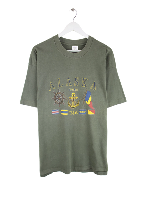 Fruit of the Loom 90s Vintage Alaska Nautical Print T-Shirt Olive XXL