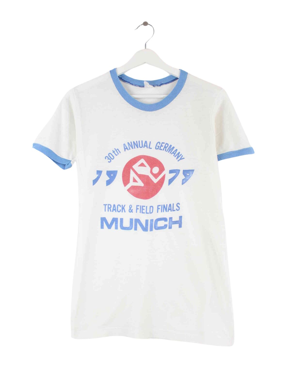 Vintage Damen 1973 Track & Field Munich Print T-Shirt Weiß S (front image)