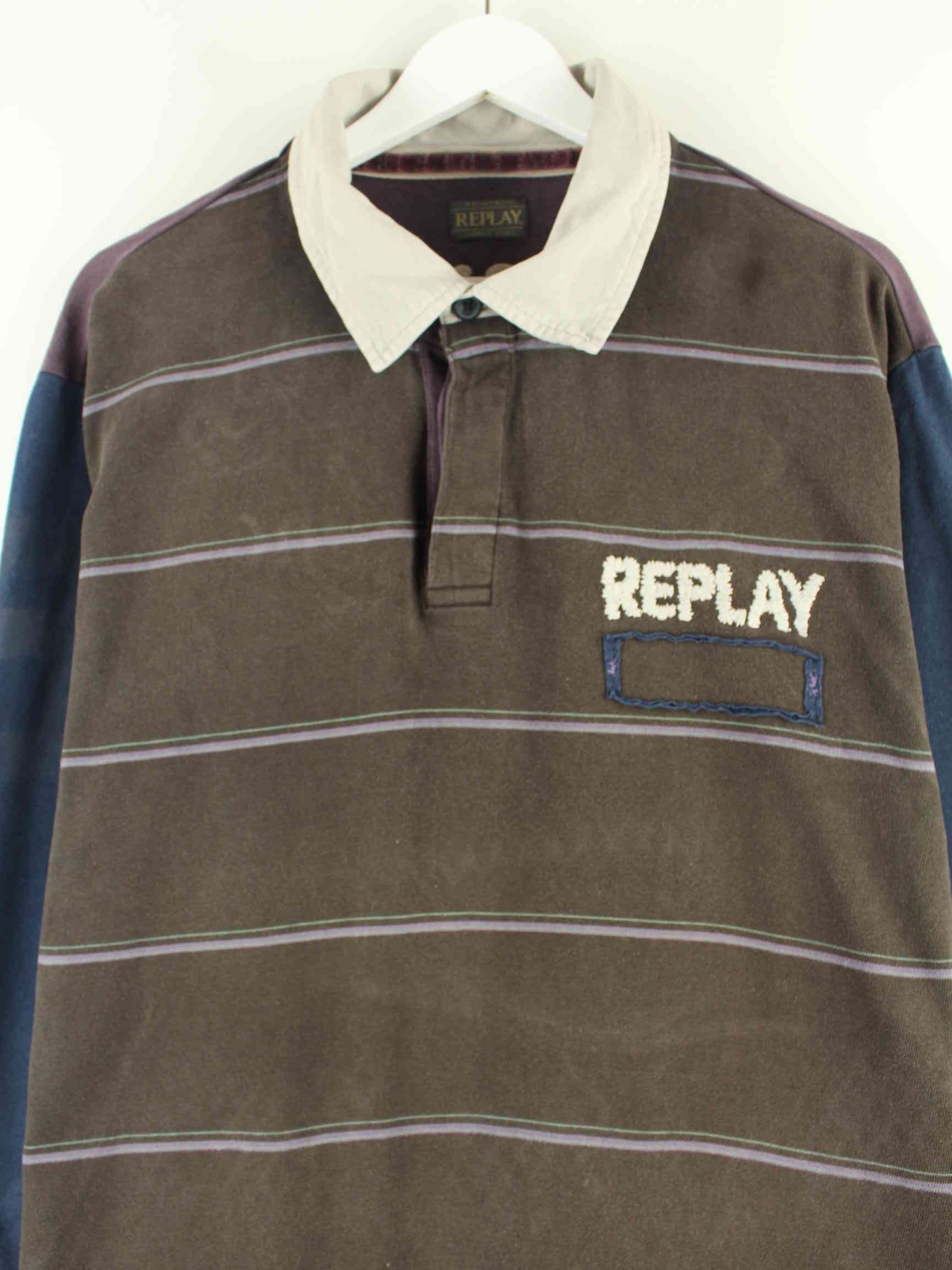 Replay 90s Vintage Embroidered Langarm Polo Blau XXL (detail image 1)