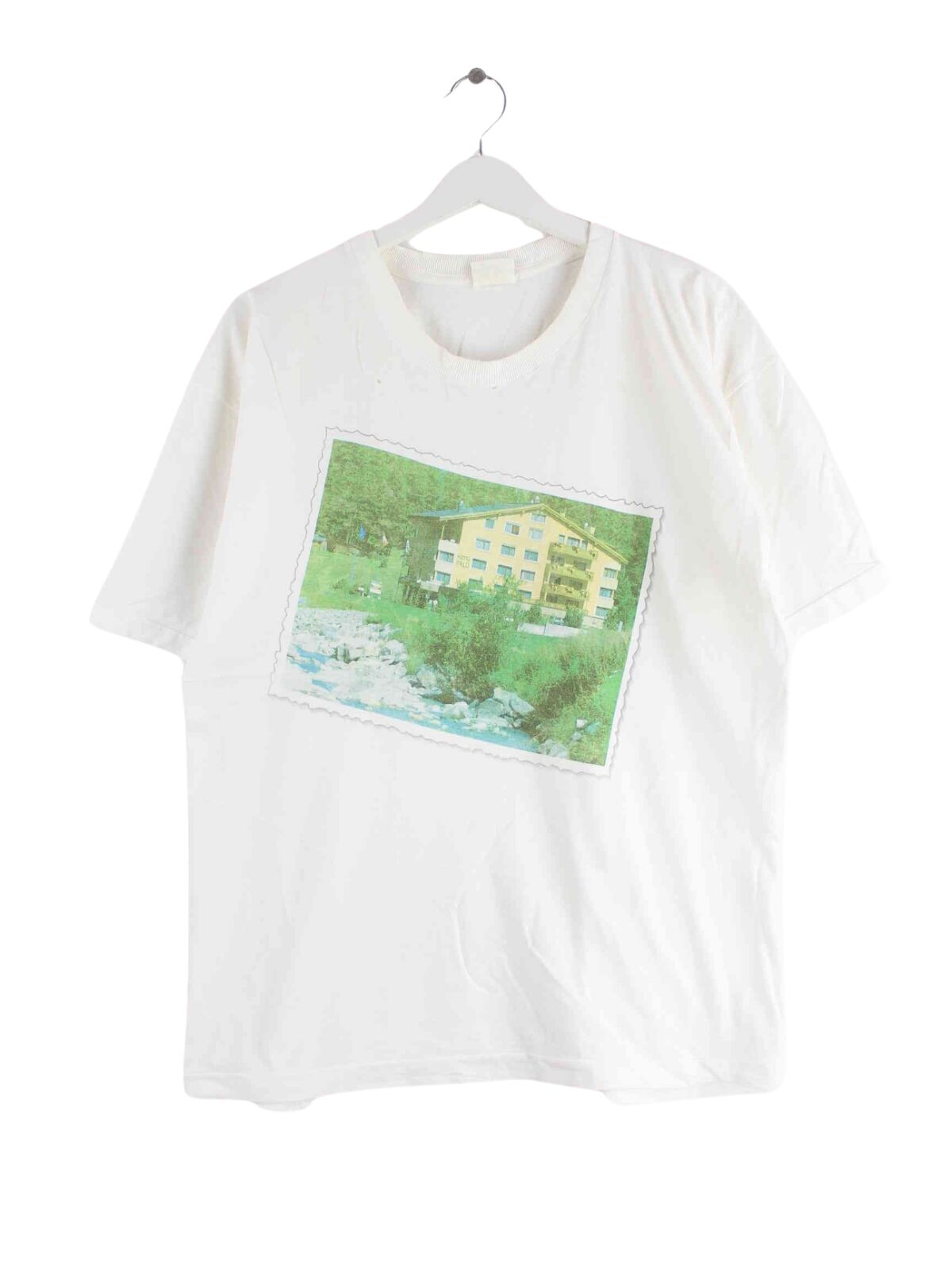 Vintage 90s Vintage Swiss Hotel Print T-Shirt Weiß M (front image)