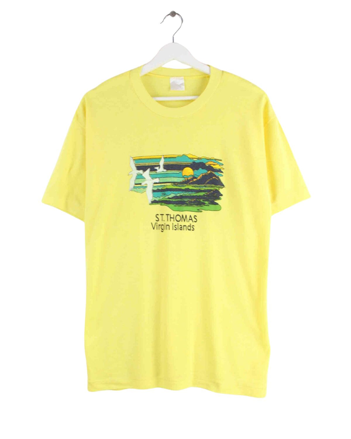 Vintage 80s Virgin Islands Print Single Stitched T-Shirt Gelb M (front image)