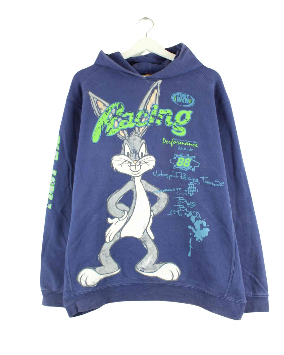 Looney Tunes y2k Bugs Bunny Racing Print Hoodie Blau  (front image)