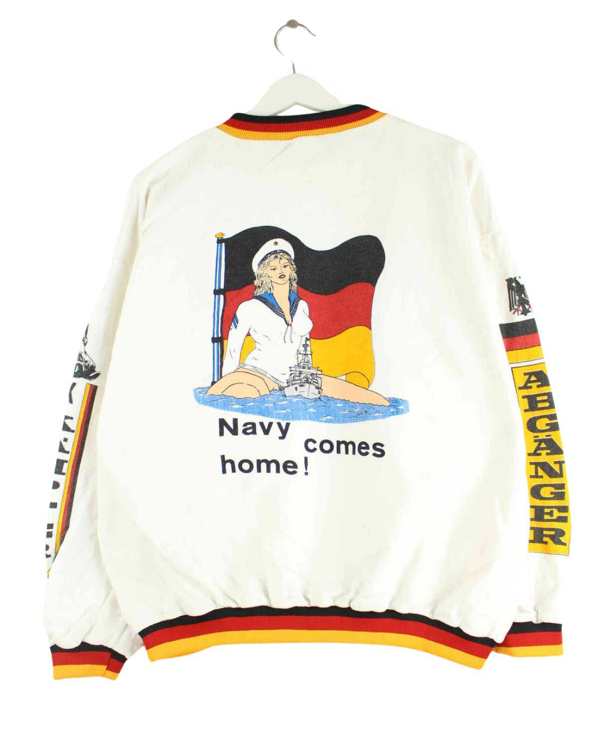 Vintage 80s German Navy Print Sweater Weiß M (back image)