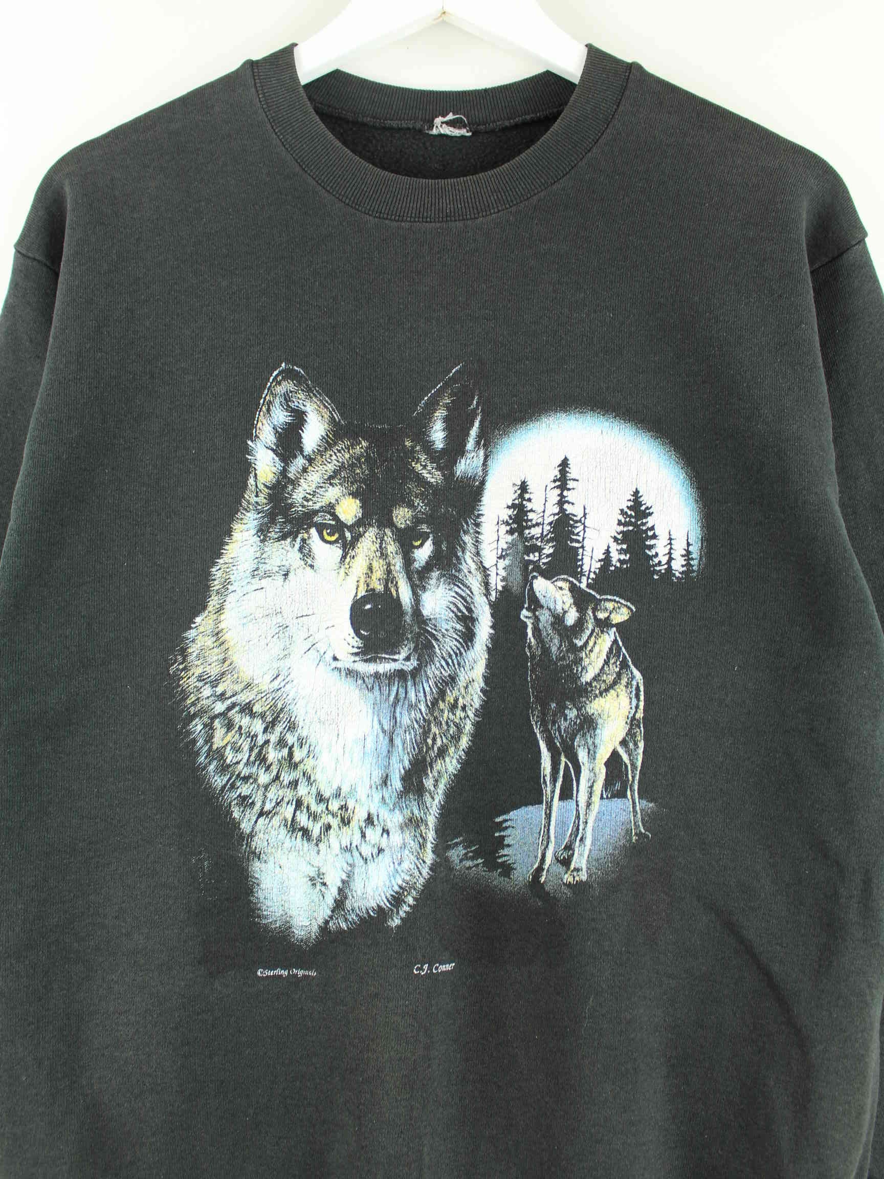 Vintage 90s Wolfs Print Sweater Schwarz M (detail image 1)