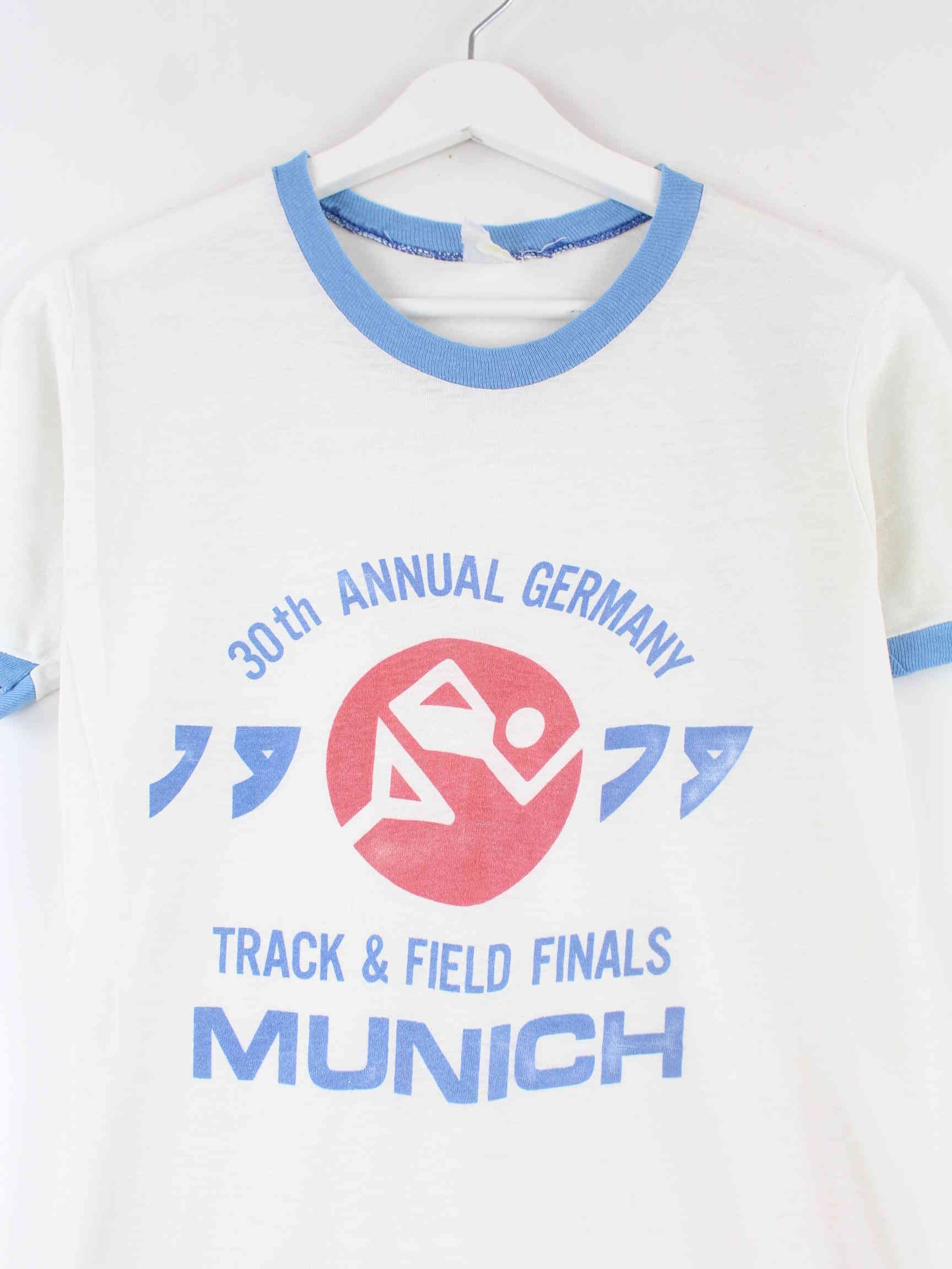 Vintage Damen 1973 Track & Field Munich Print T-Shirt Weiß S (detail image 1)