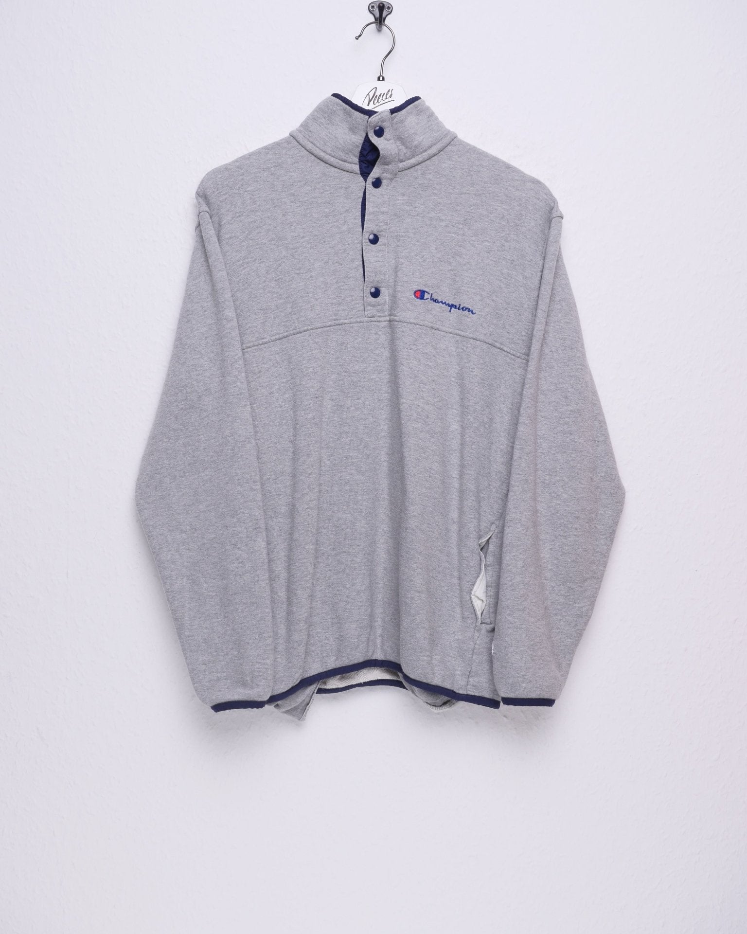 champion embroidered Spellout grey Half Buttoned Sweater - Peeces